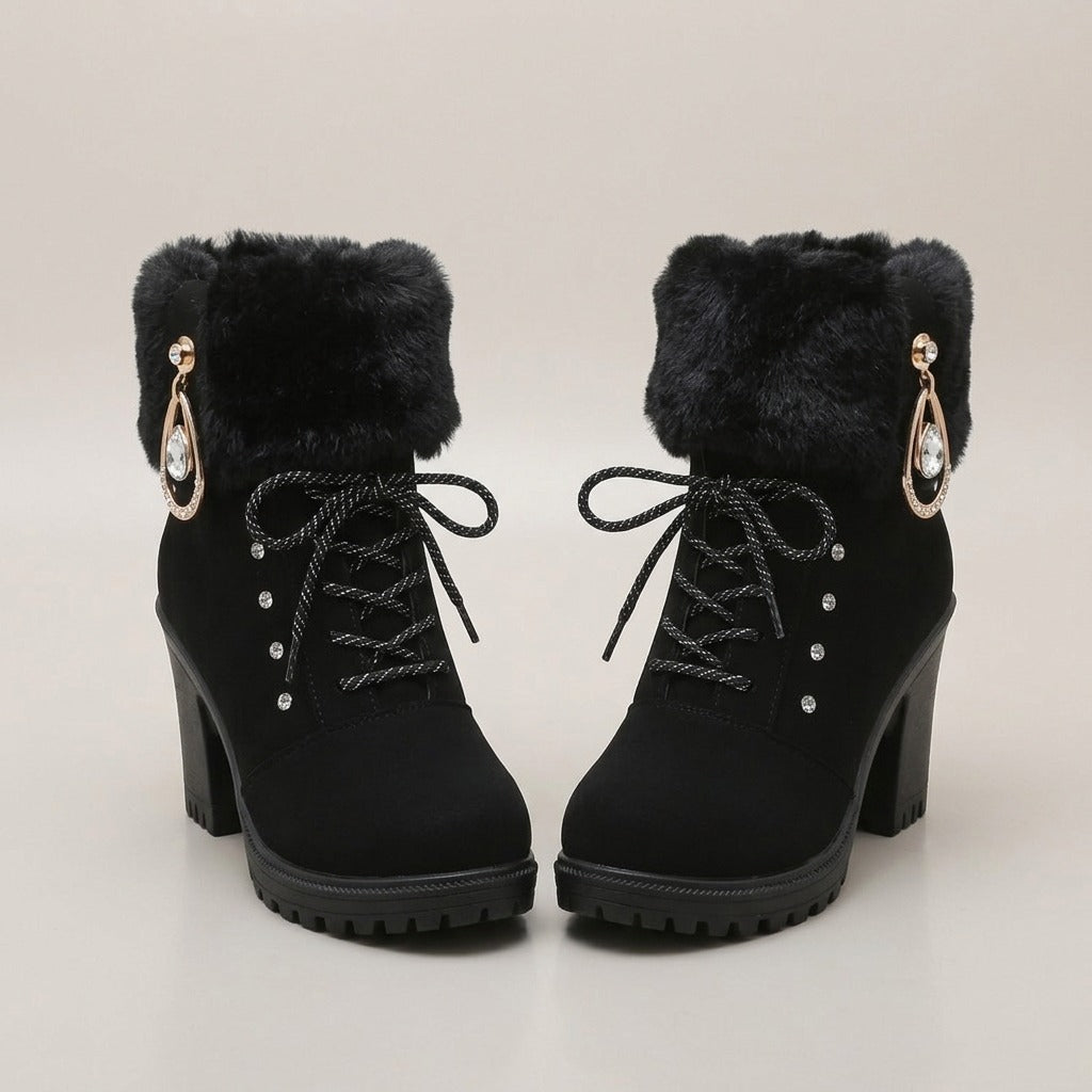 winona-faux-fur-cuff-lace-up-heeled-ankle-boots-women-s-black-block-heel-boots-with-rhinestone-charm 3