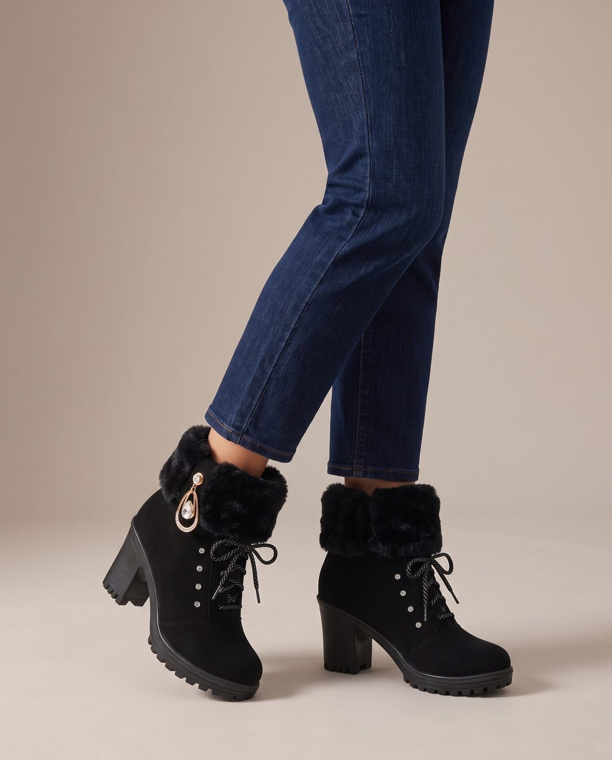 winona-faux-fur-cuff-lace-up-heeled-ankle-boots-women-s-black-block-heel-boots-with-rhinestone-charm 5